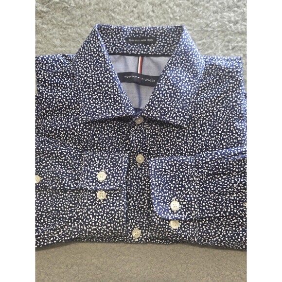 Tommy Hilfiger Shirt Mens 15.5 Blue/White Ditsy Slim Fit Non Iron Button Down - Picture 1 of 7